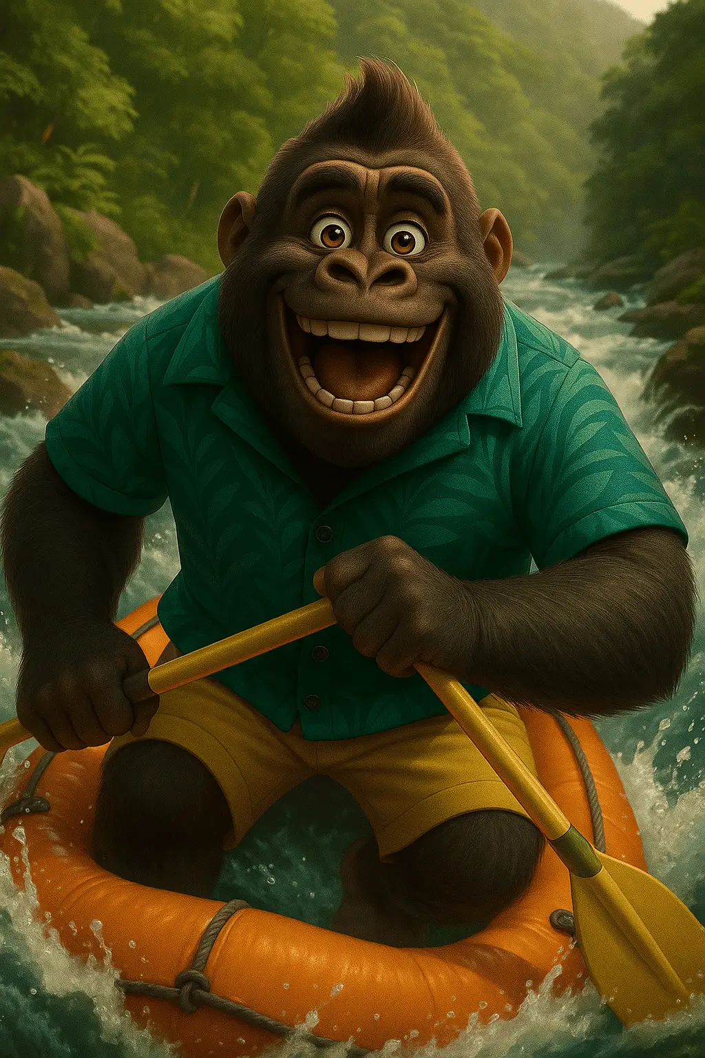Ilustración de gorila en kayak de río representando turismo de aventura en México