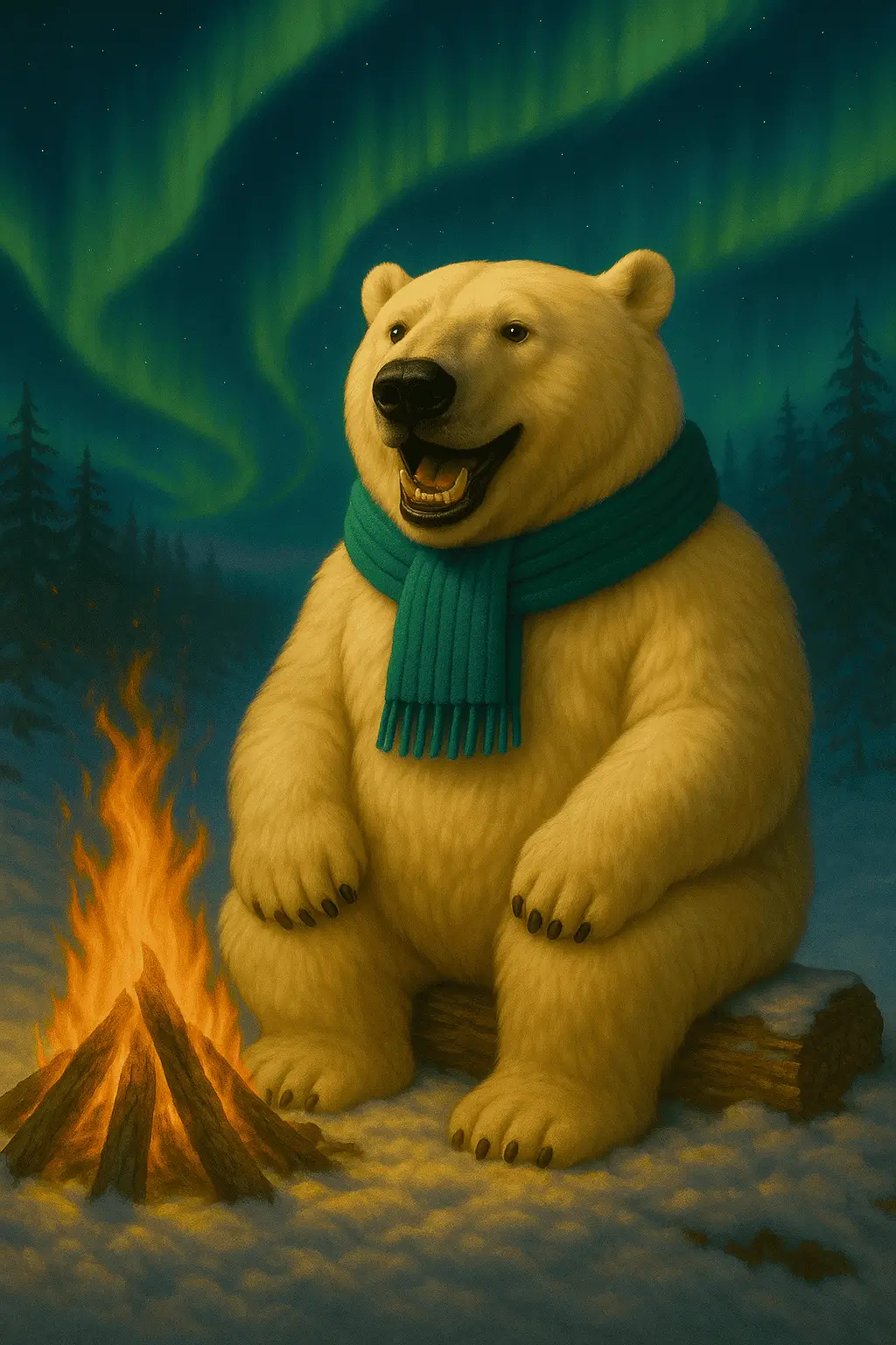 Ilustración de oso polar junto a fogata con auroras boreales representando destinos internacionales fríos