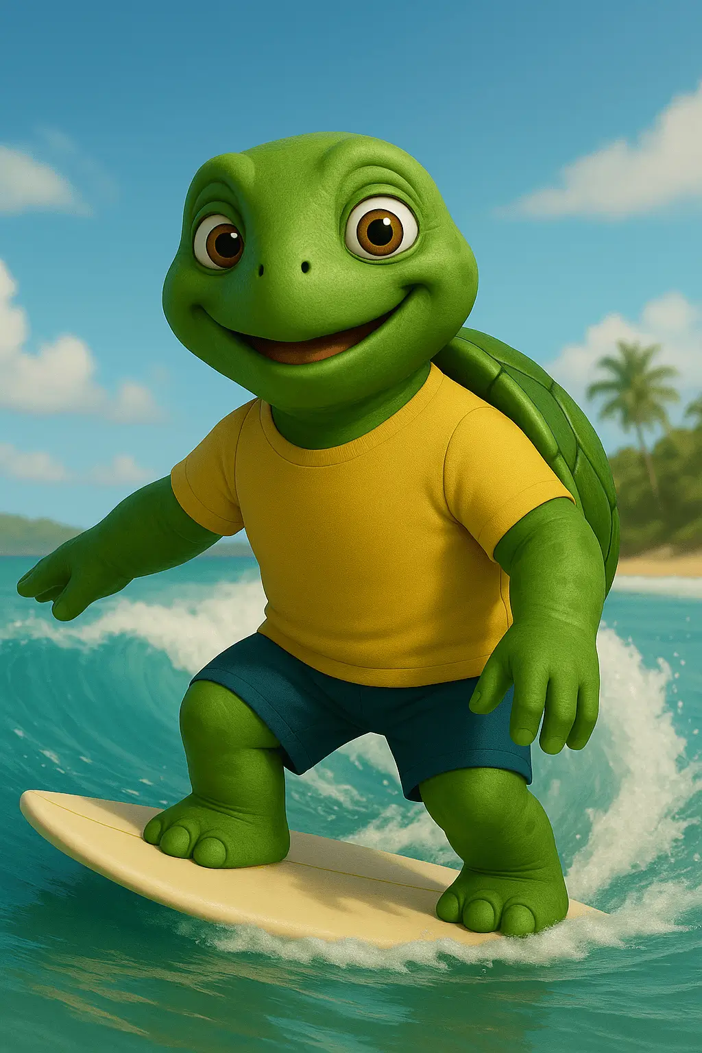 Ilustración de tortuga en tabla de surf representando paquetes de vacaciones en playas de México